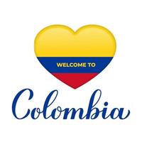 Welcome to Colombia lettering with national flag in heart shape isolated on white background. Vector template for typography poster, postcard, banner, flyer, sticker, t-shirt
