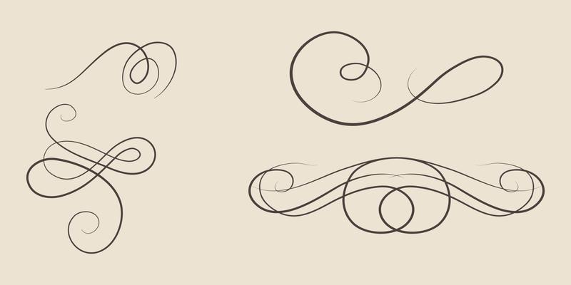 Swirl ornament strokes. Filigree swirl decoration, vintage scroll swirls. Hand drawn curly line dividers, wedding decor swirl ornament vector illustration