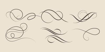 Swirl ornament strokes. Filigree swirl decoration, vintage scroll swirls. Hand drawn curly line dividers, wedding decor swirl ornament. Medieval decorative isolated vector illustration symbols set