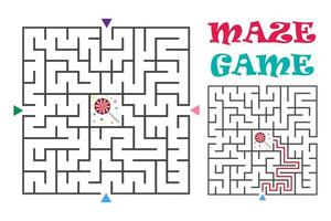 Square maze labyrinth game for kids. Logic conundrum with candy. Three entrance and one right way to go. Vector flat illustration isolated on white background.