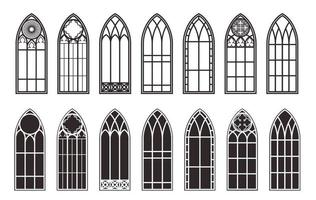 Gothic windows outline set. Silhouette of vintage stained glass church frames. Element of traditional european architecture. Vector illustration