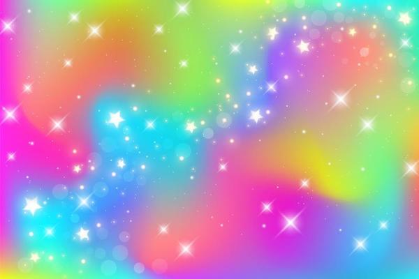 Rainbow unicorn fantasy background with bokeh and stars. Holographic bright multicolored sky. Vector.
