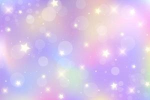 fondo de fantasía del arco iris. cielo multicolor brillante con estrellas y bokeh. ilustración holográfica en colores pastel violeta y rosa. lindo fondo de pantalla femenino de dibujos animados. vector.
