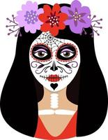 Day of the dead girl vector illustration. Young woman sugar head makeup for mexican party on dia de los muertos. Female character with Mexican Catrina makeup