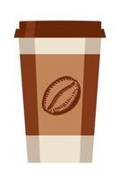 Vector illustration, flat design. Paper cup with coffee beans, isolated on white background. Hot coffee to go icon, logo.
