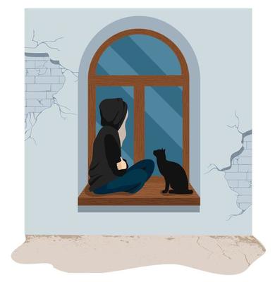 Sad and depressed girl sitting on on the windowsill with her cat. Sad teenager. Depressed woman and cat. flat vector illustration.