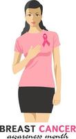 Breast cancer awareness concept vector illustration. Beautiful woman wearing pink ribbon to help promote breast cancer awareness