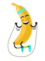 Vector flat funny banana character jumping at rope. Cheerful fruit makes exercises with skipping rope. Isolated illustration on a white background. Healthy, sportive lifestyle concept.