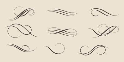 Swirl ornament strokes. Filigree swirl decoration, vintage scroll swirls. Hand drawn curly line dividers vector