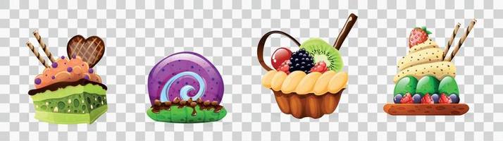 various kinds of cup cakes with colorful toppings and frosting vector