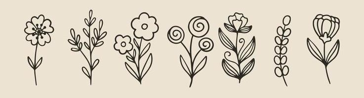 Floral branch and minimalist flowers for logo or tattoo. Hand drawn line wedding herb, elegant leaves vector illustration