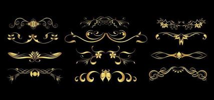 Set of of rich decorated vintage gold borders, frames, dividers for text isolated on a black background for your design