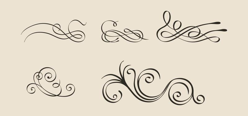 Swirl ornament strokes. Filigree swirl decoration, vintage scroll swirls. Hand drawn curly line dividers, wedding decor swirl ornament vector eps 10