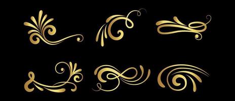 trazo de adorno de remolino dorado. rizos ornamentales, divisor de remolinos y adornos de filigrana conjunto de ilustraciones vectoriales