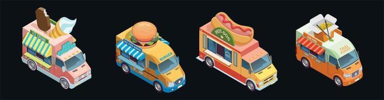 conjunto de camiones de comida rápida y carritos de comida callejera