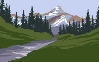 paisaje de montaña vectorial con bosque y río vector