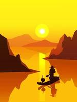 hermosa puesta de sol en el río con pescadores y colinas vector