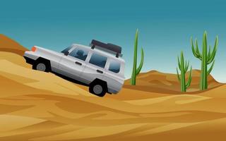 fondo de aventura en el desierto con coche todoterreno y cactus vector