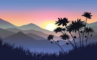 Morning in mountain range with flowers in silhouette vector
