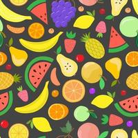 Fruit seamless pattern. Juicy watermelons, oranges, bananas, grapes, strawberries, pineapples, berries in style of carton, flat, hand draw. Delicious print for surface design, digital paper, packaging vector