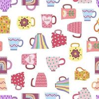 Seamless pattern of vintage mugs. Hand-drawn with a naive Scandinavian style. Pastel colors, pink, blue, gray. For design of surfaces, prints, wrapping paper, fabric vector