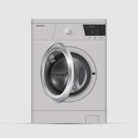 Realistic white front loading washing machine on a white backgro vector