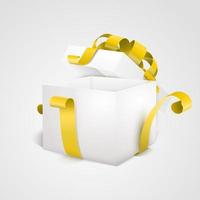 caja de regalo vacía 3d abierta blanca con cinta amarilla sobre centrico blanco vector