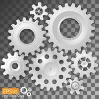 Realistic white gears on transparent background. Vector illustra