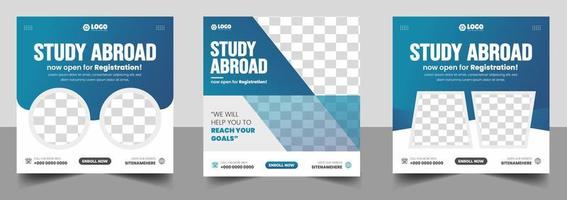 Study abroad social media post banner design. higher education social media post banner design set. school admission promotion banner. school admission template for social media ad. vector