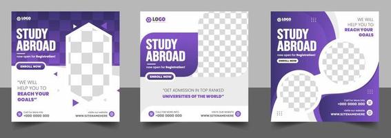 Study abroad social media post banner design. higher education social media post banner design set. school admission promotion banner. school admission template for social media ad. vector