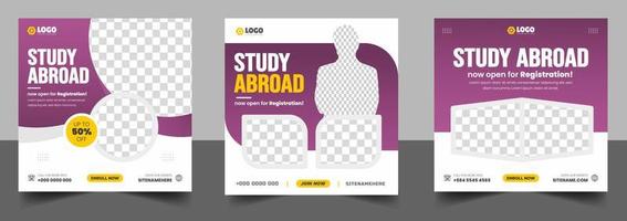 Study abroad social media post banner design. higher education social media post banner design set. school admission promotion banner. school admission template for social media ad. vector