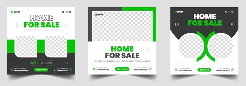 Real estate house property or home sale social media post banner design template with green color. Home sale social media post banner template. Real estate house social media post or square banner.