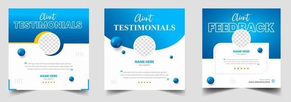 Customer feedback testimonial social media post web banner template. client testimonials social media post banner design template with blue color vector