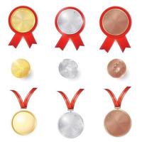 Set of gold, silver and bronze award medals with red ribbons vector