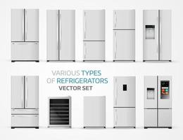Variable types of refrigerators. Realistic set on white backgrou vector