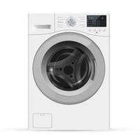 Realistic white front loading washing machine on a white backgro vector