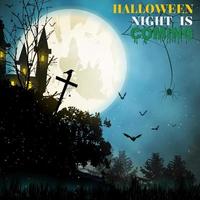 Halloween background with blackforest, bats, cross,haunted house and full moon. vector