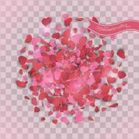 Heart confetti of Valentines petals falling on transparent background. vector