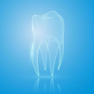 3D mesh tooth on a blue background.