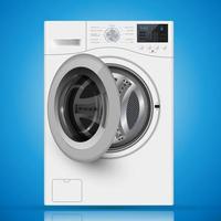 Realistic white front loading washing machine on a  blue backgro