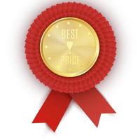 Gold best price badge with red ribbon on white background.