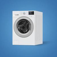 Realistic white front loading washing machine on a white backgro