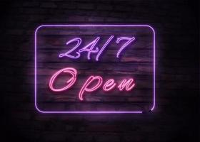 Neon Open 24 7 sign on brick wall background. vector