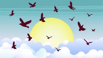 bandada de pájaros volando en el cielo con nubes y sol. ilustración vectorial