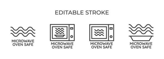 Microwave safe. For packaging or labeling, the suitability of the cookware for heating and cooking. Set of linear icons. Vector illustration.