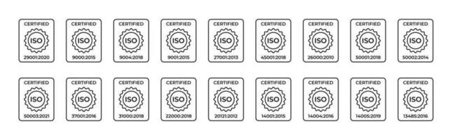 Certified ISO symbol. Standardization in the field of information security, quality management systems, as well as labor protection and others. Set of linear icons. Vector illustration.