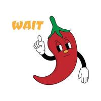 Illustration of red chili pepper in retro cartoon character with traffic signs, yellow light. wait for Sign vector