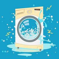 Broken washing machine in cartoon style. Bubbles,Sparks vector