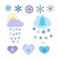 conjunto de elementos para el diseño de invierno, copos de nieve, árboles de navidad, corazones. lindas ilustraciones de estilo plano para navidad, año nuevo, invierno acogedor vector