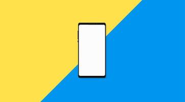 Blank screen smartphone mock up isolated on minimal symmetry two tone colorful yellow blue background. vector